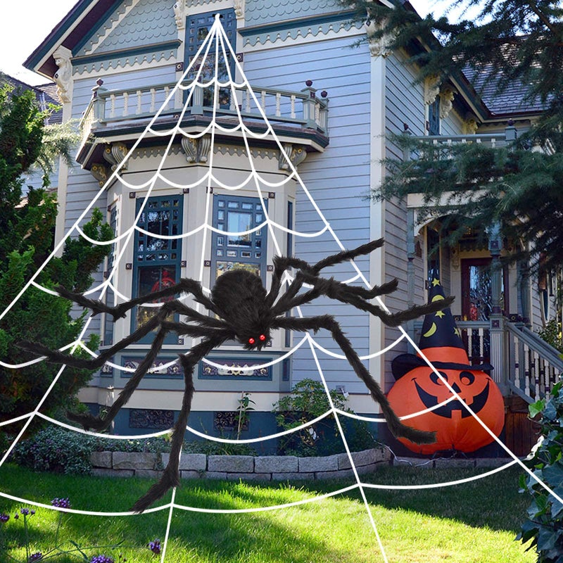 OCATO 200" Halloween Spider Web + 59" Giant Spider Decorations, Fake Spiders with Triangular Huge Spider Web, Indoor/Outdoor/Halloween Decorations/Yard/Home/Costumes Parties/Haunted House Decor, Black - Image 1